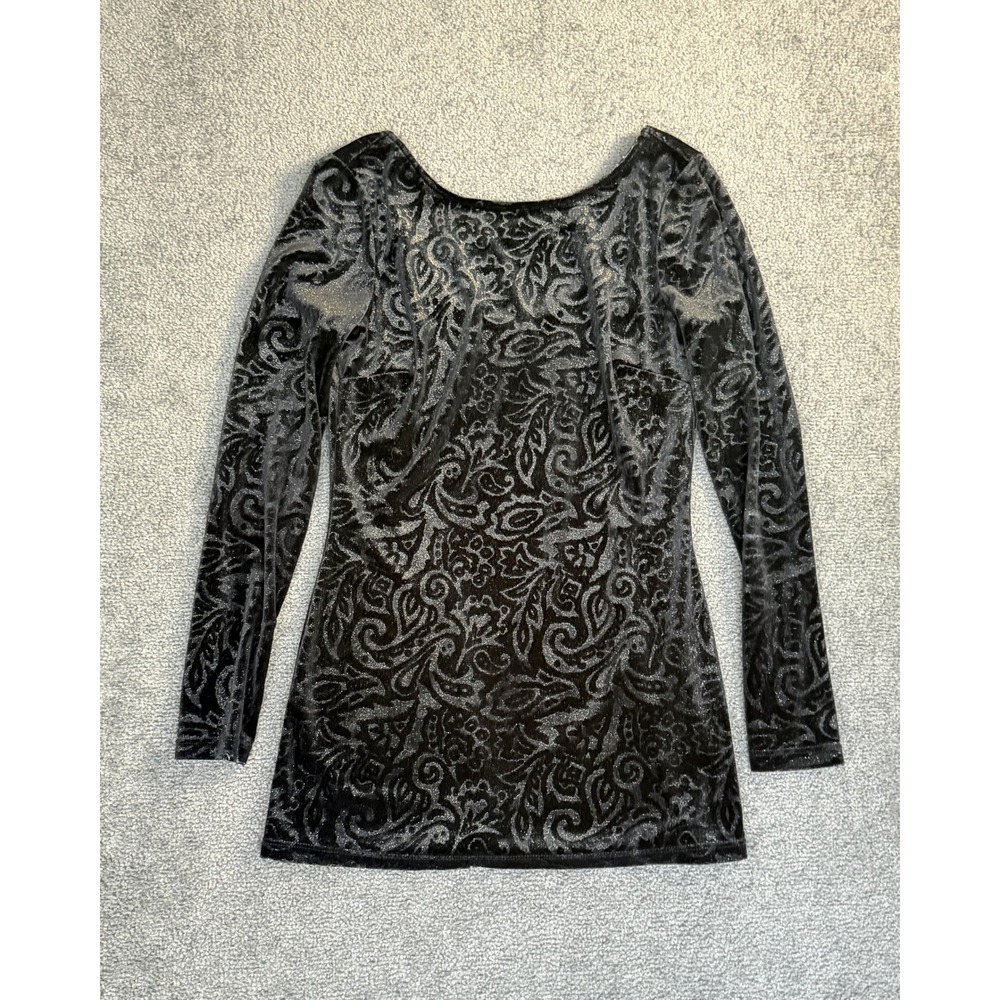 Cache Black Burnout Velvet Paisley Glitter Long Sleeve Scoop Back Mini Dress XS